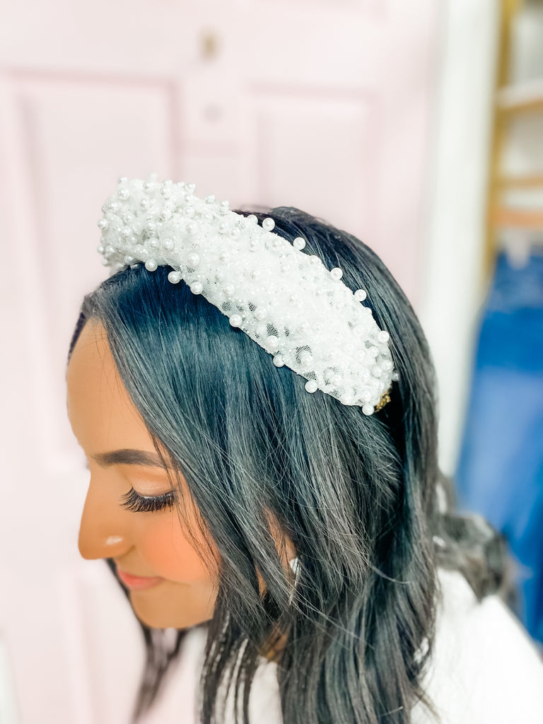 Lila Pearl Turban Headband -White
