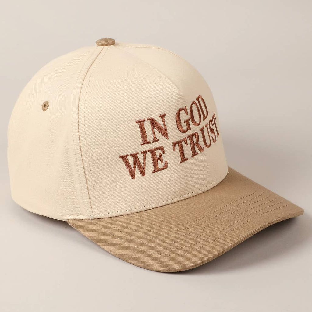 In God We Trust Embroidered Two-Tone Canvas Cap: Beige / ONE SIZE