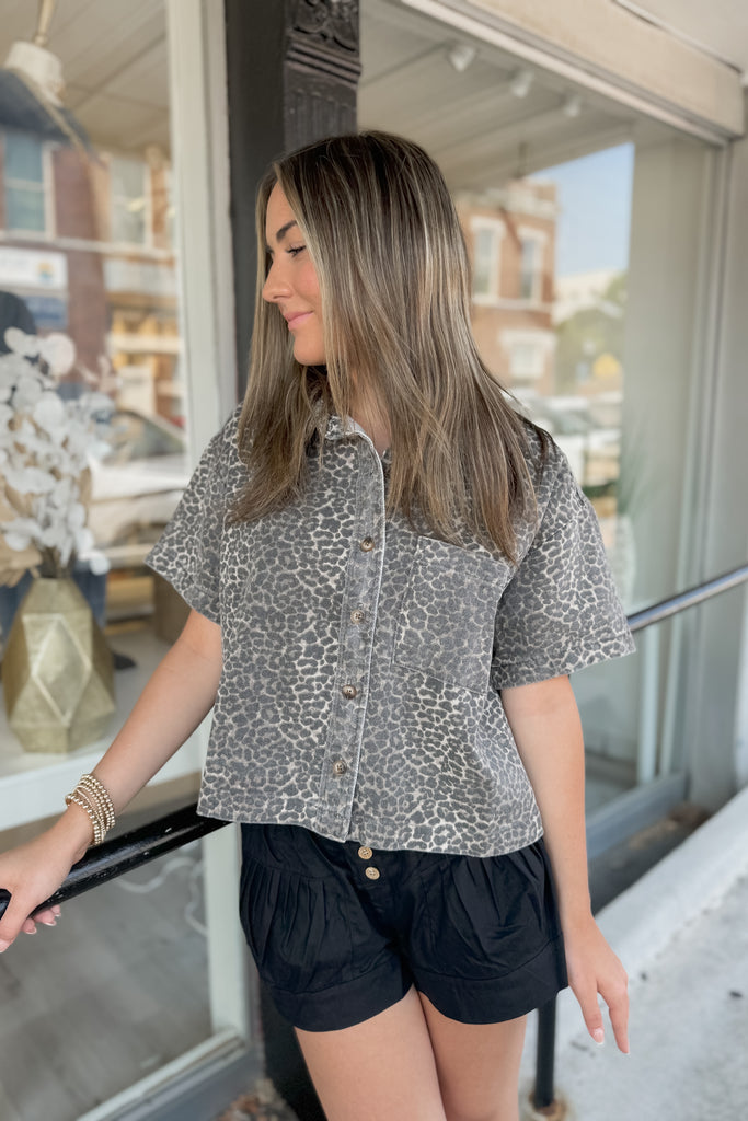 Leopard Denim Button-Up