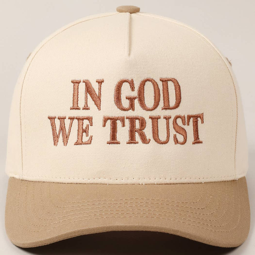 In God We Trust Embroidered Two-Tone Canvas Cap: Beige / ONE SIZE