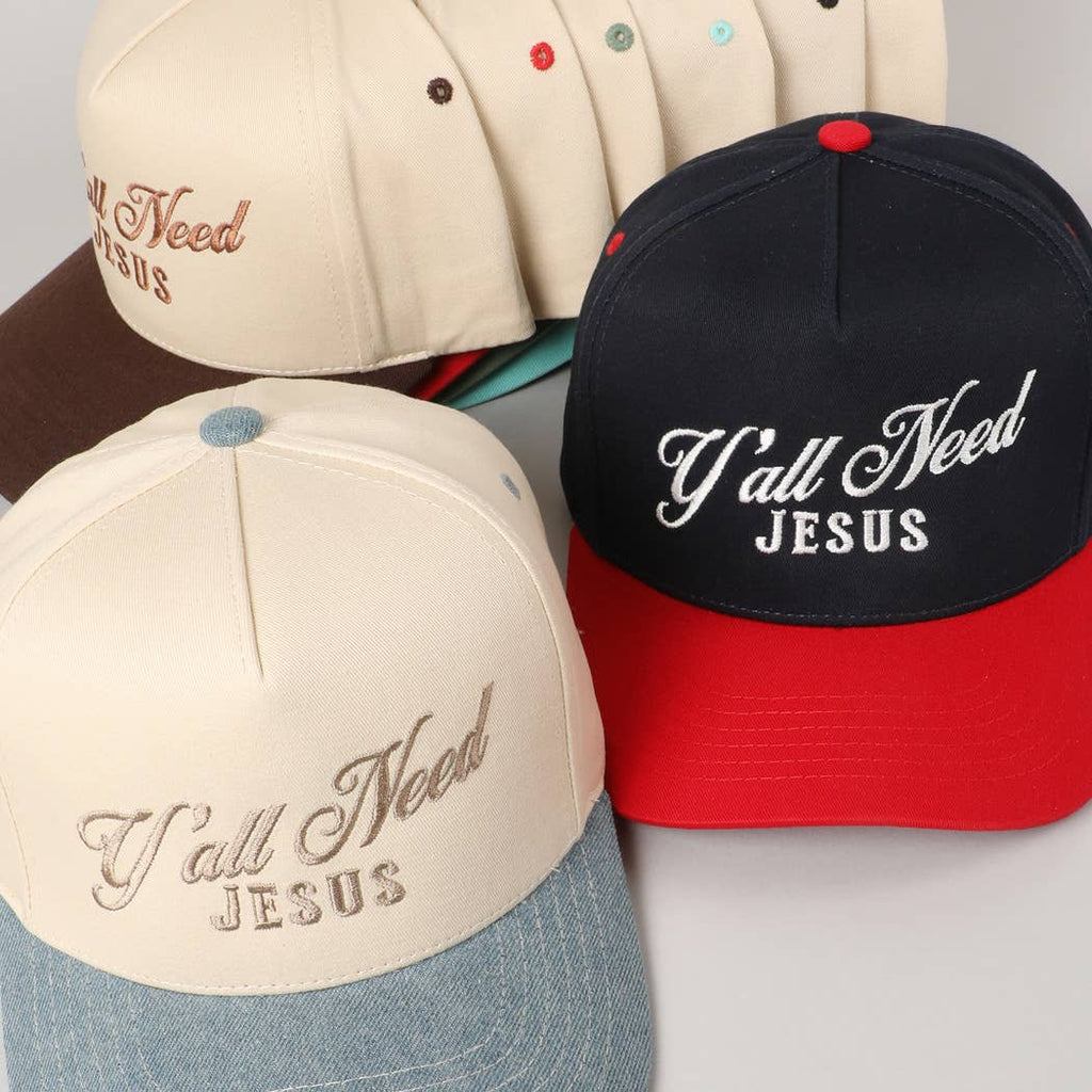 Y'all Need Jesus Lettering Embroidered Trucker Hat: Brown / ONE SIZE