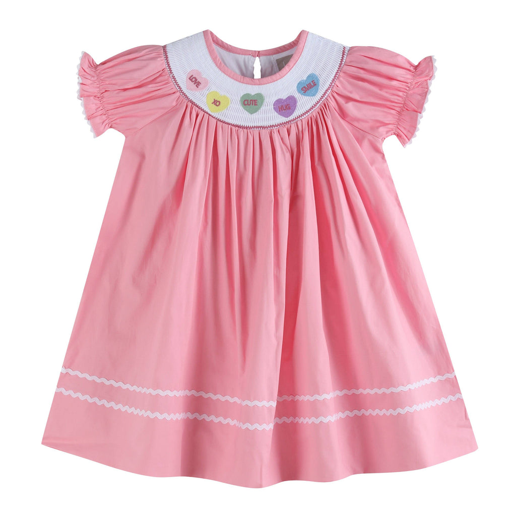 Pink Candy Heart Valentine's Smocked Bishop Dress: 12-18M