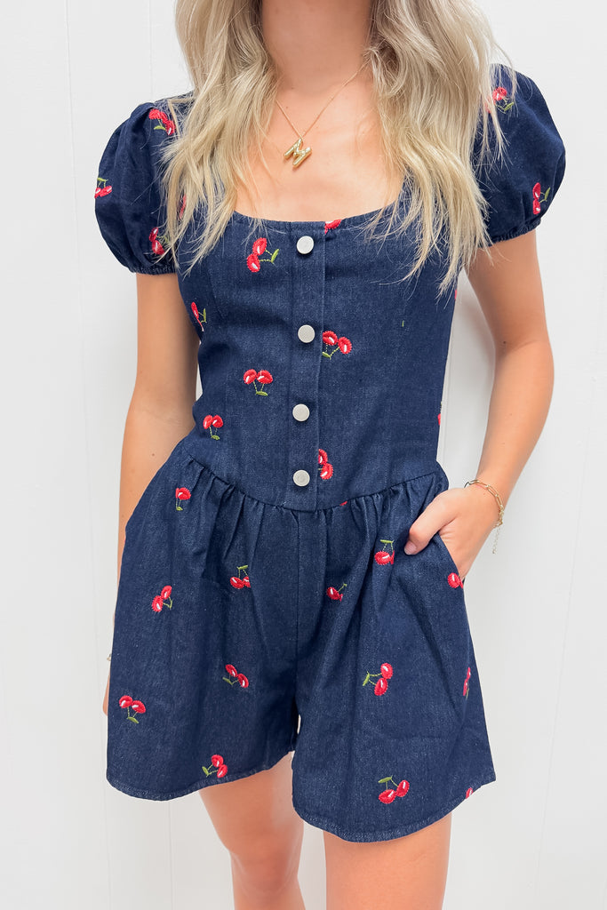 Cherry Denim Romper