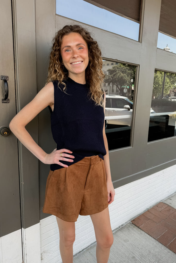 High Waist Suede Shorts - Camel