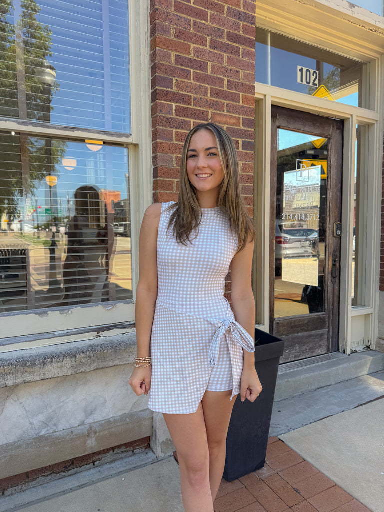 Gingham Print Athleisure Dress- Beige