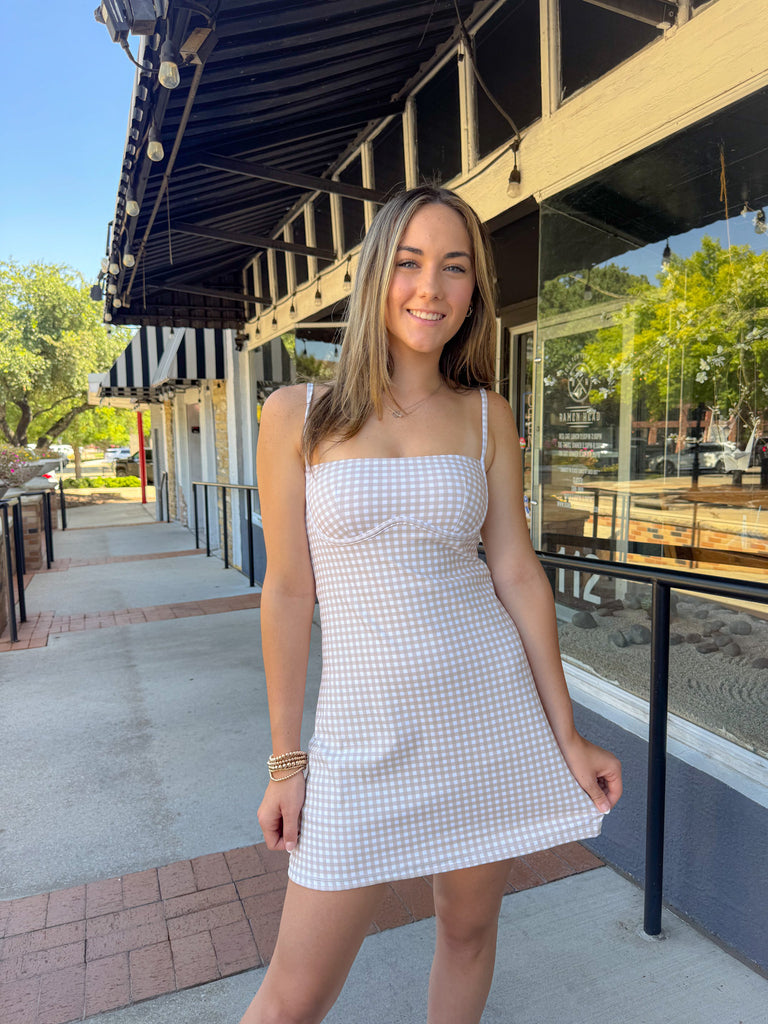 Gingham A-Line Romper- Taupe