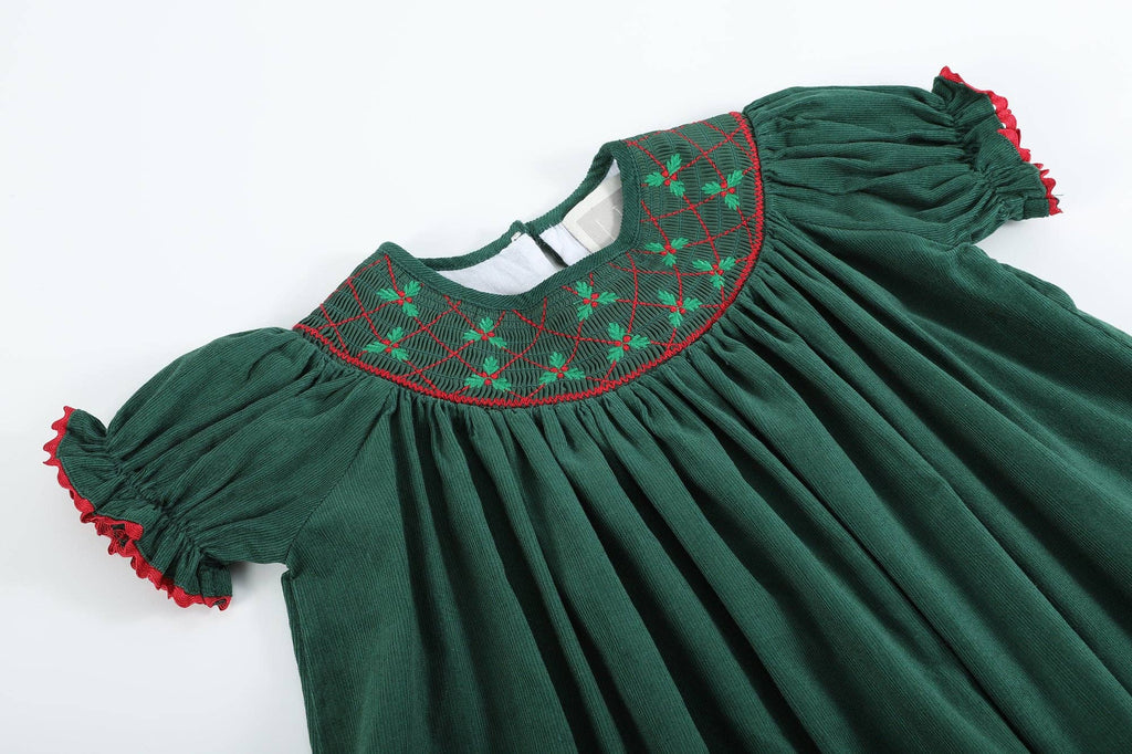 Green Christmas Mistletoe Smocked Dress