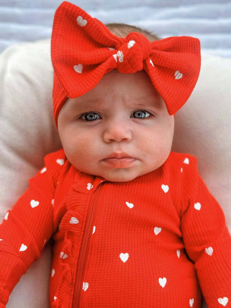 Organic Waffle Knot Bow, Little White Heart (on Red)