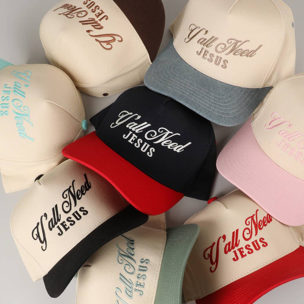 Y'all Need Jesus Lettering Embroidered Trucker Hat: Brown / ONE SIZE
