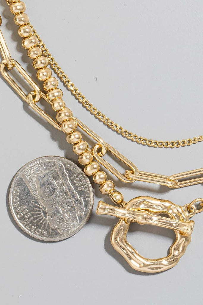 Warped Hoop Pendant Beaded And Chain Layered Necklace