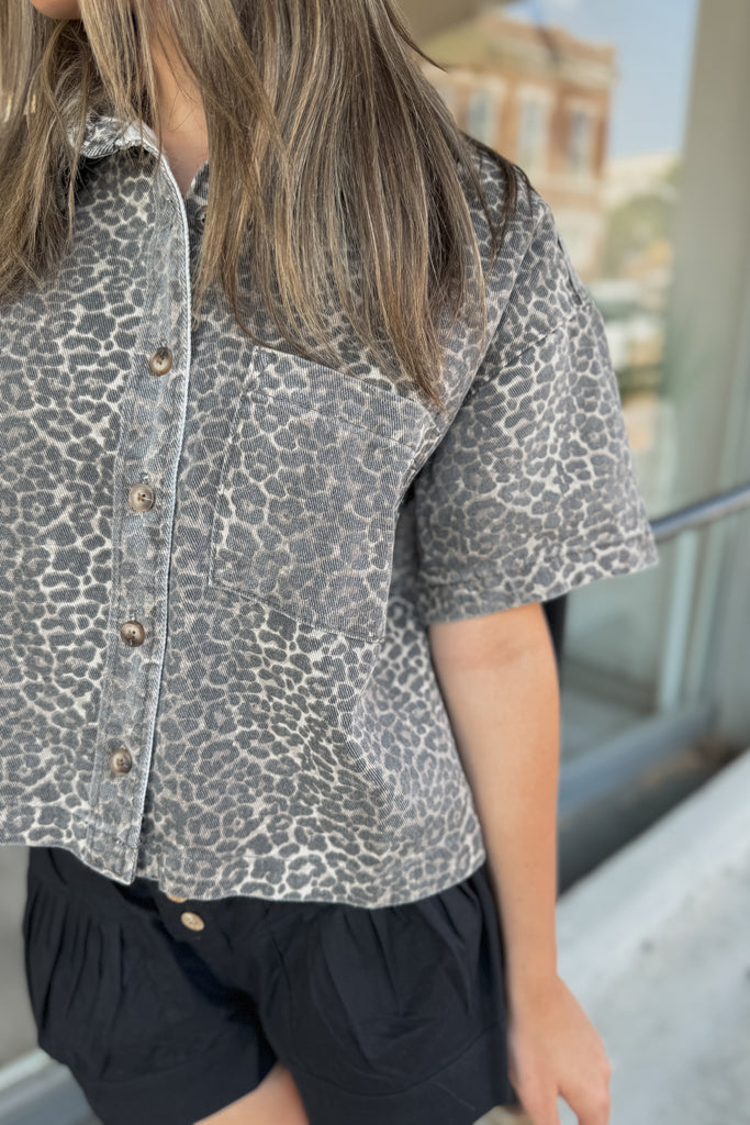Leopard Denim Button-Up