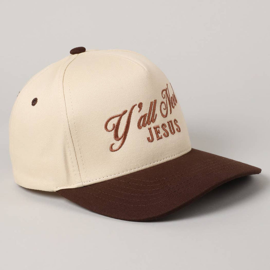 Y'all Need Jesus Lettering Embroidered Trucker Hat: Brown / ONE SIZE