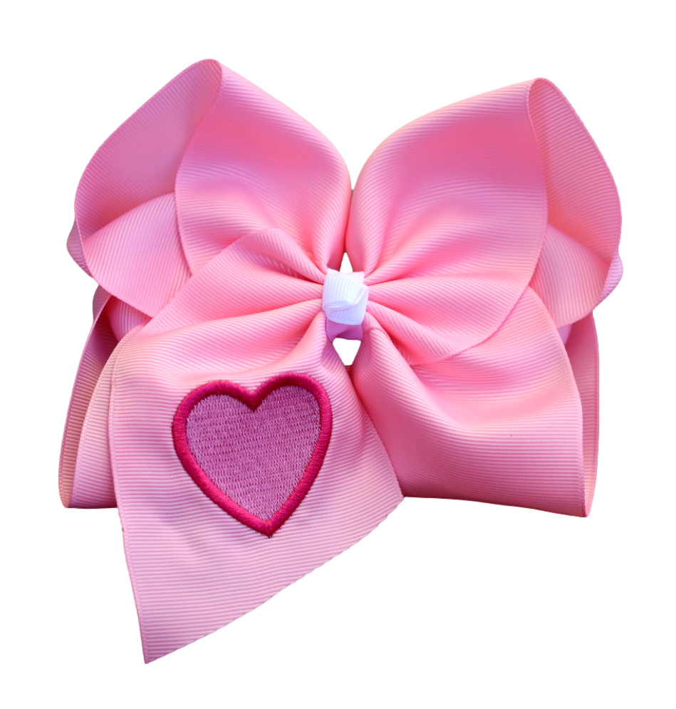 Pink Heart Embroidered Hair Bow: Alligator Clip / 5 inch