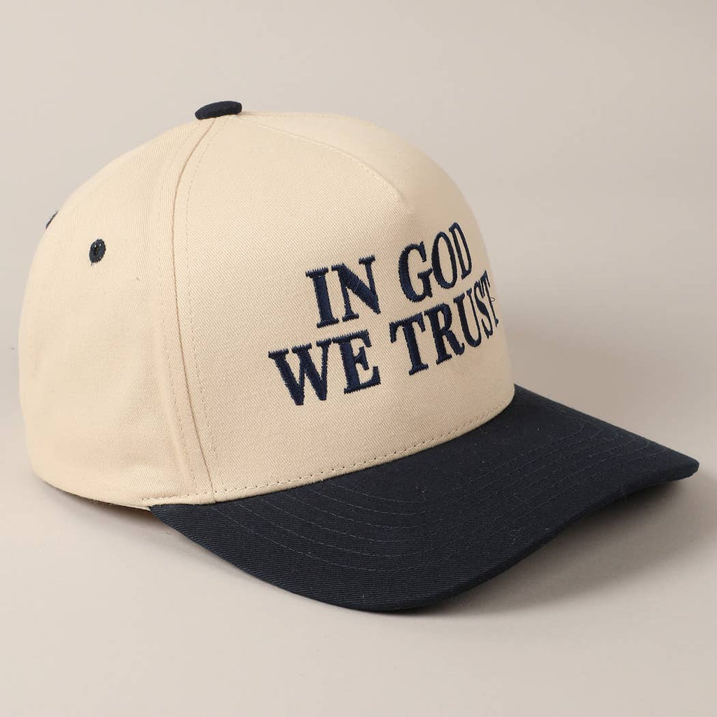 In God We Trust Embroidered Two-Tone Canvas Cap: Beige / ONE SIZE