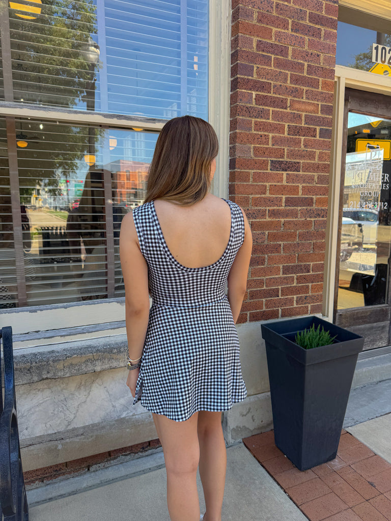 Gingham Print Athleisure Dress- Black
