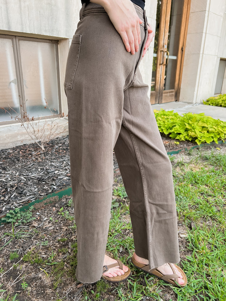Straight Wide Leg Denim Pants- Brown