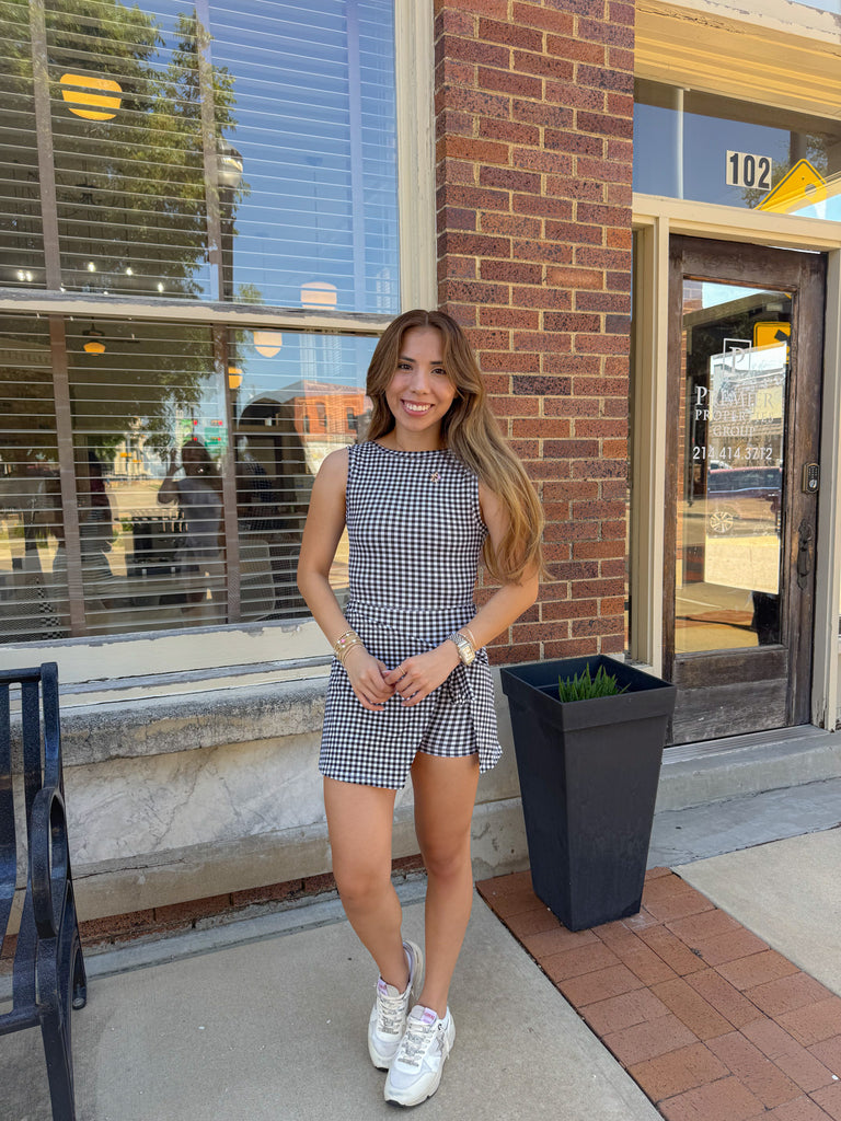 Gingham Print Athleisure Dress- Black