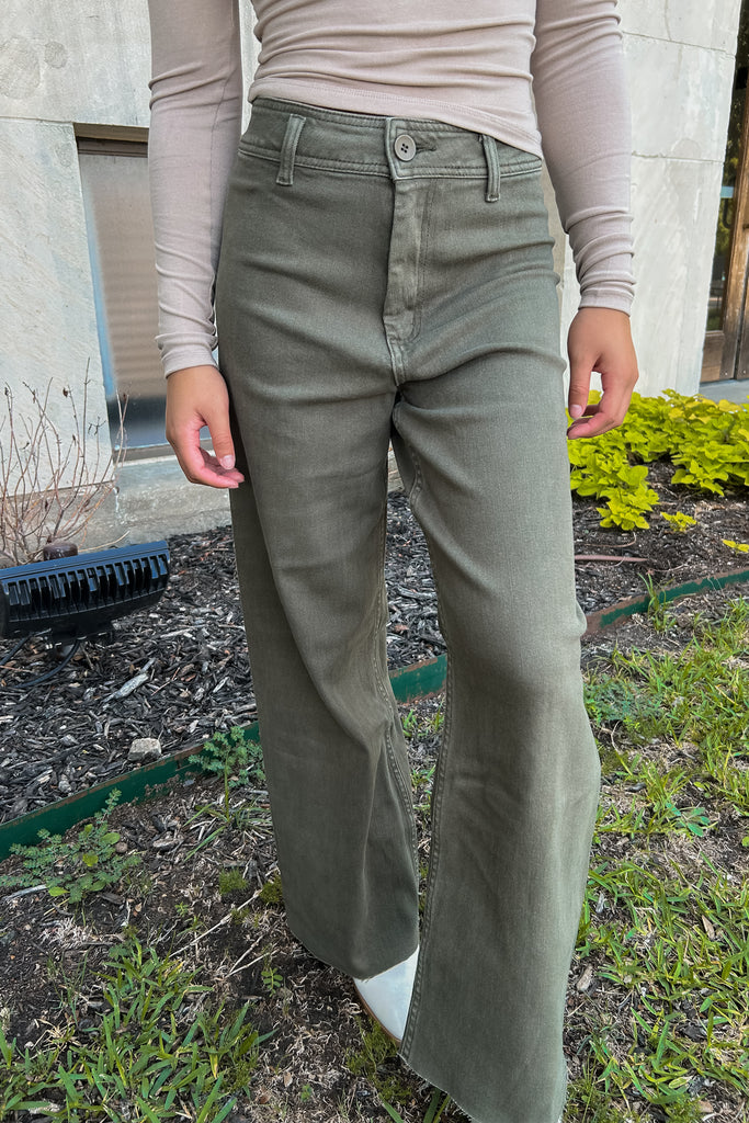 Straight Wide Leg Denim Pants- Olive