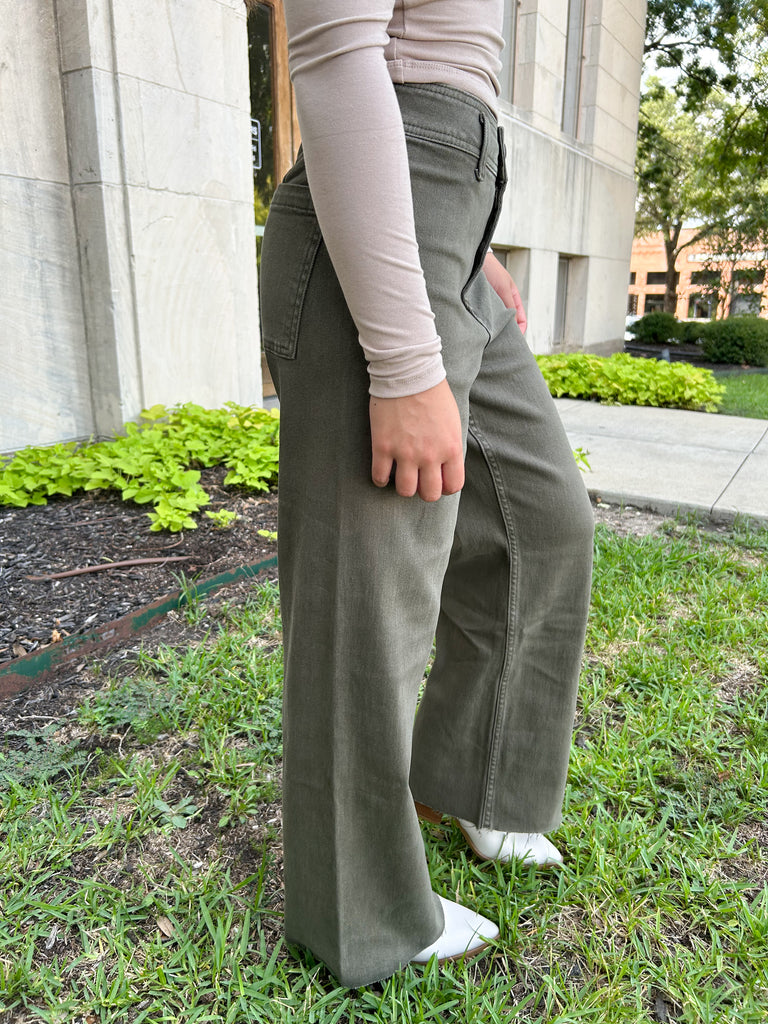 Straight Wide Leg Denim Pants- Olive