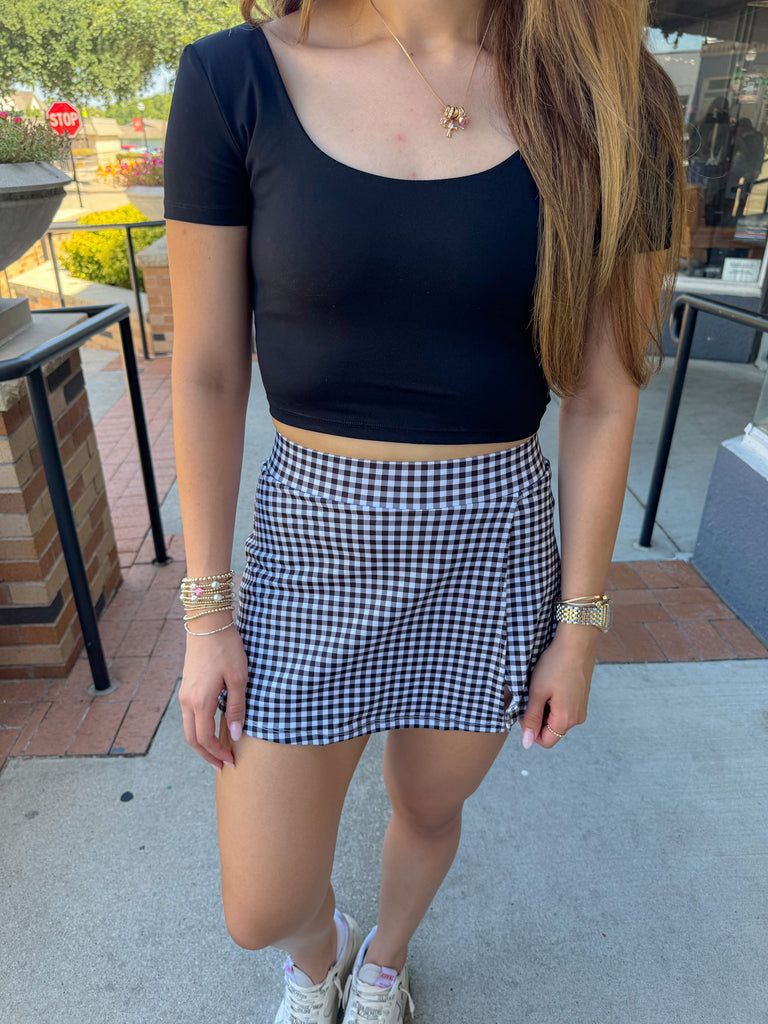 Gingham Print A-Line Skort : Black