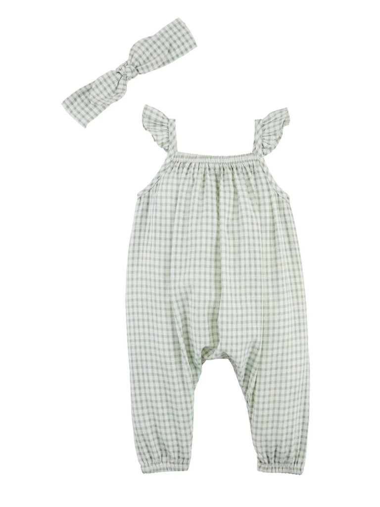 Green Checkered Overall & Headband Set