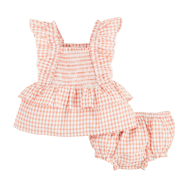 Smocked Checkered Peach Ruffle Set