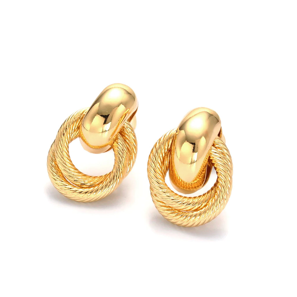 Gold Circular Croissant Knot Doorknocker Drop Stud Earrings
