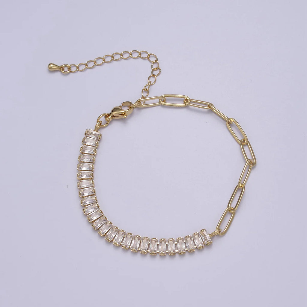 Gold Paper Clip Link Chain Bracelet with Baguette Zirconia 6.5 inch BRACELET