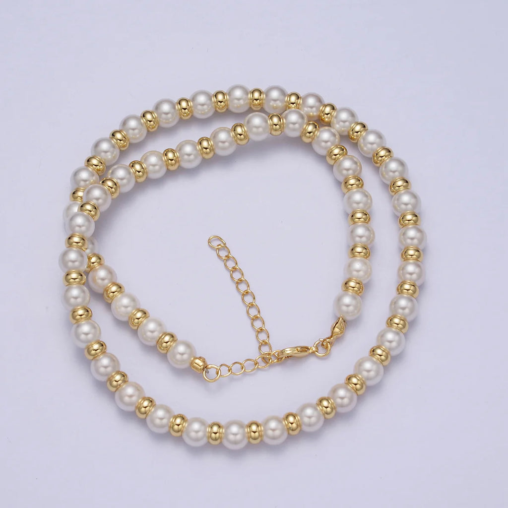 Classic Modern 6mm Round White Shell Pearl Beaded Spacer 16 Inch Gold Necklace
