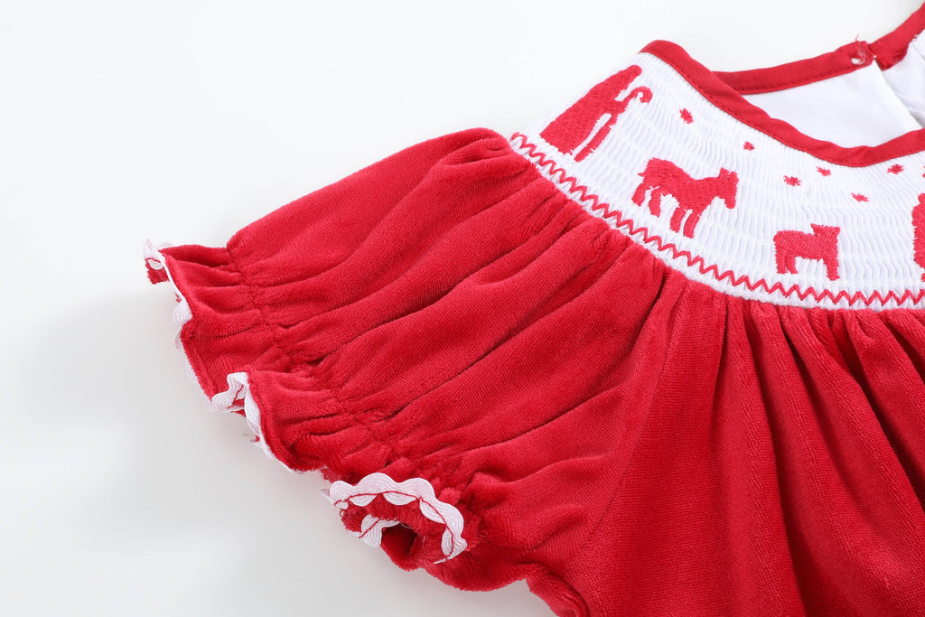 Red Velvet Christmas Nativity Smocked Dress