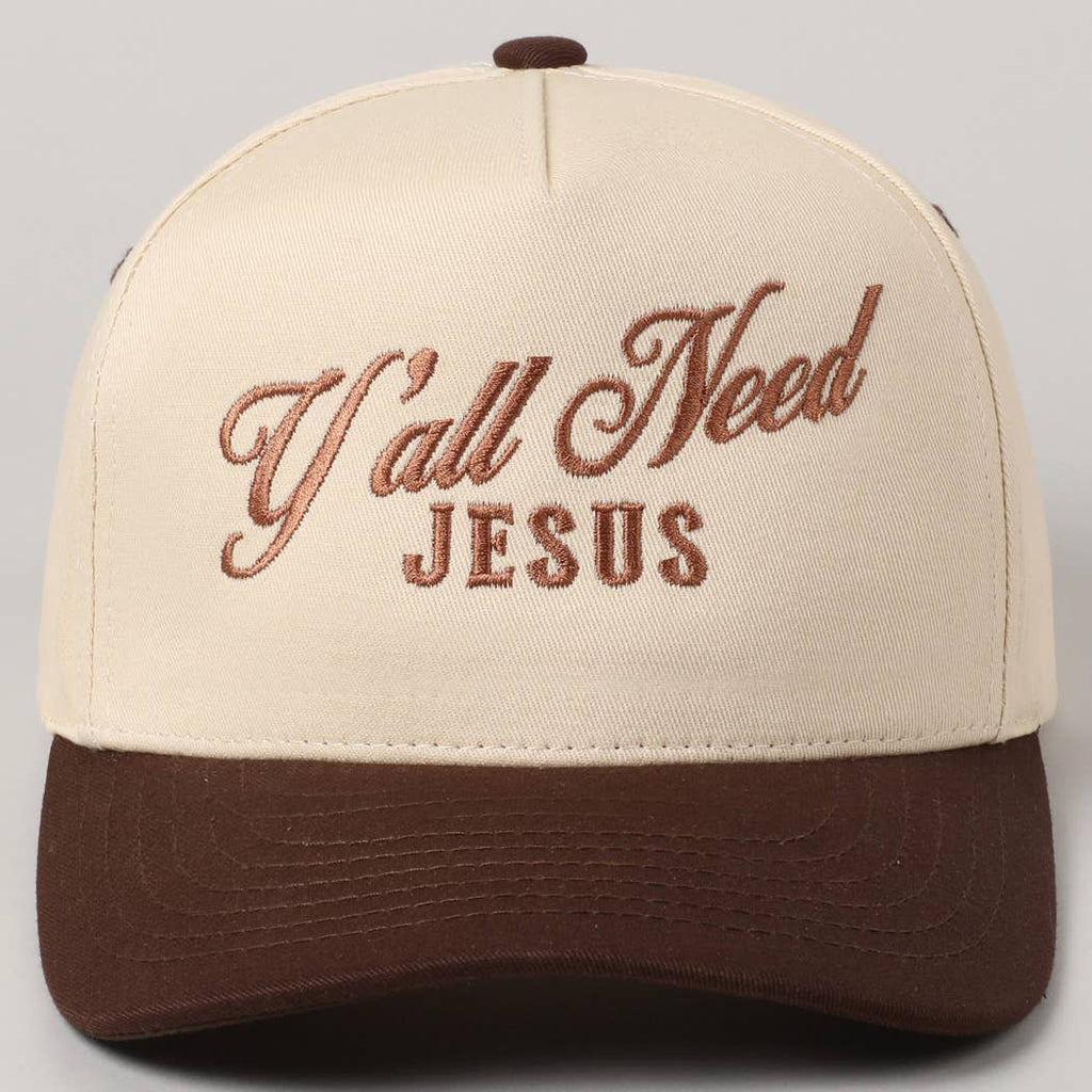 Y'all Need Jesus Lettering Embroidered Trucker Hat: Brown / ONE SIZE