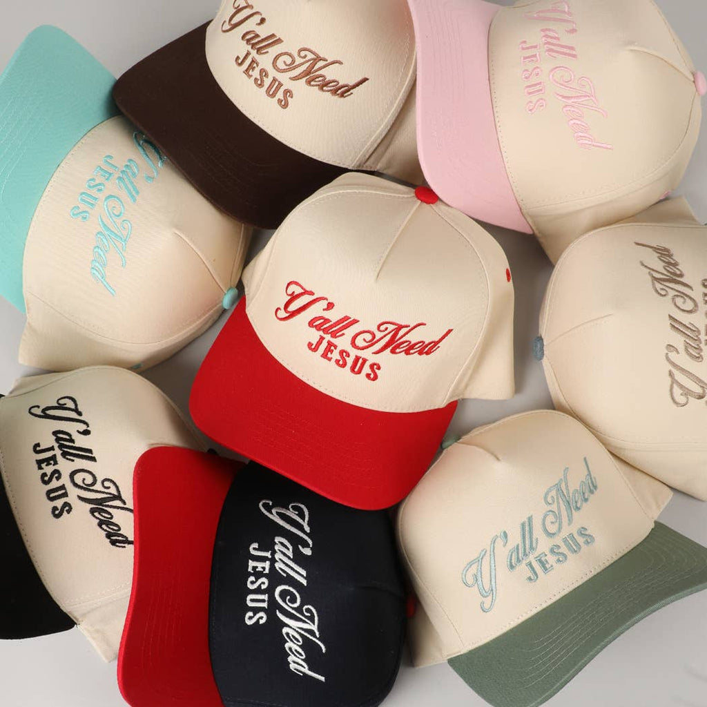 Y'all Need Jesus Lettering Embroidered Trucker Hat: Brown / ONE SIZE