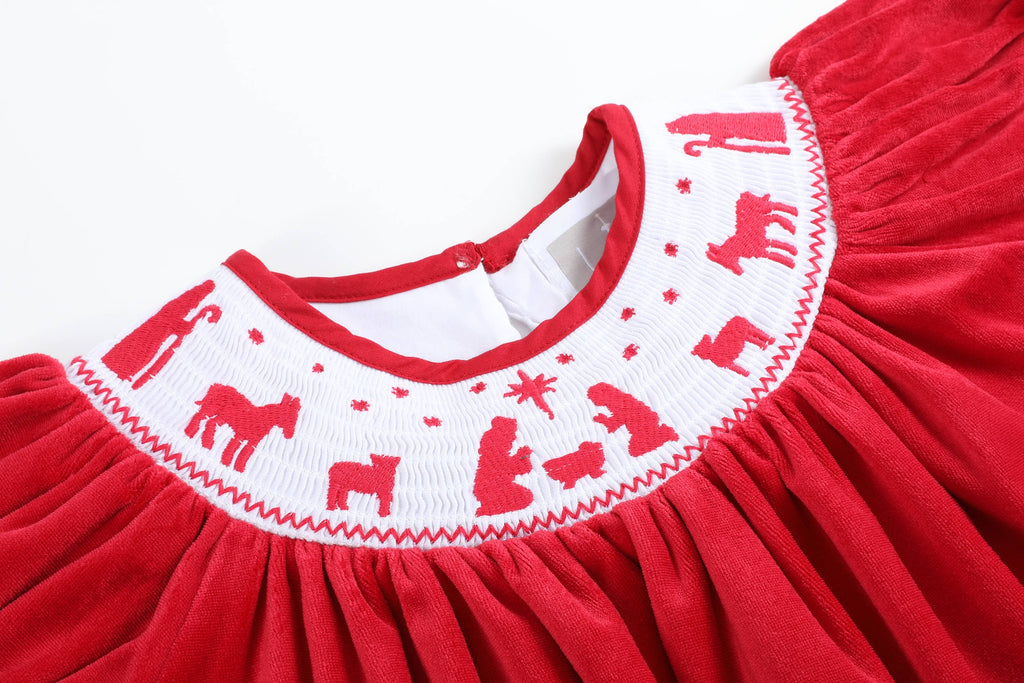 Red Velvet Christmas Nativity Smocked Dress