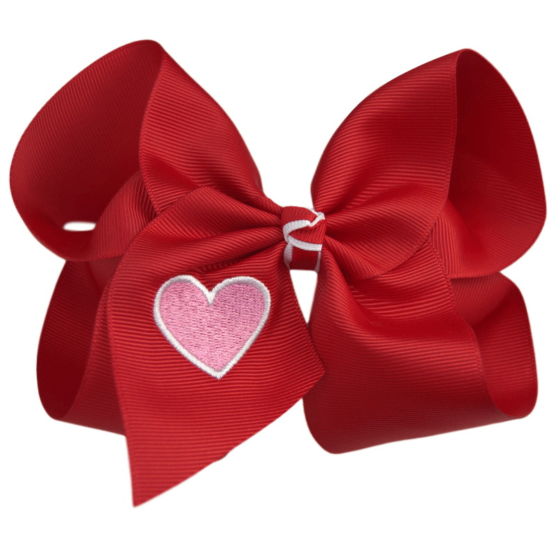 Red Bow with Pink Heart Embroidered Bow ❤️: Alligator Clip / 5 inch