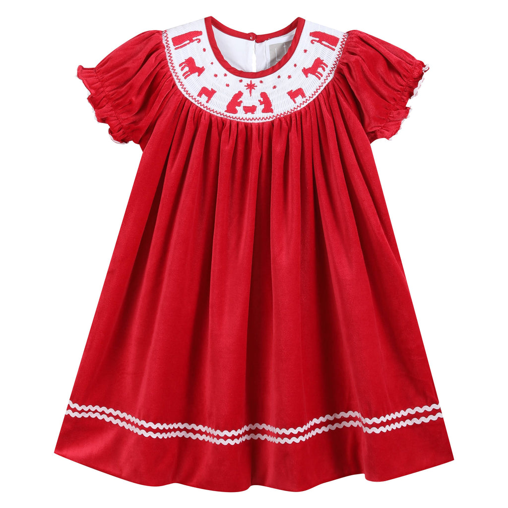 Red Velvet Christmas Nativity Smocked Dress