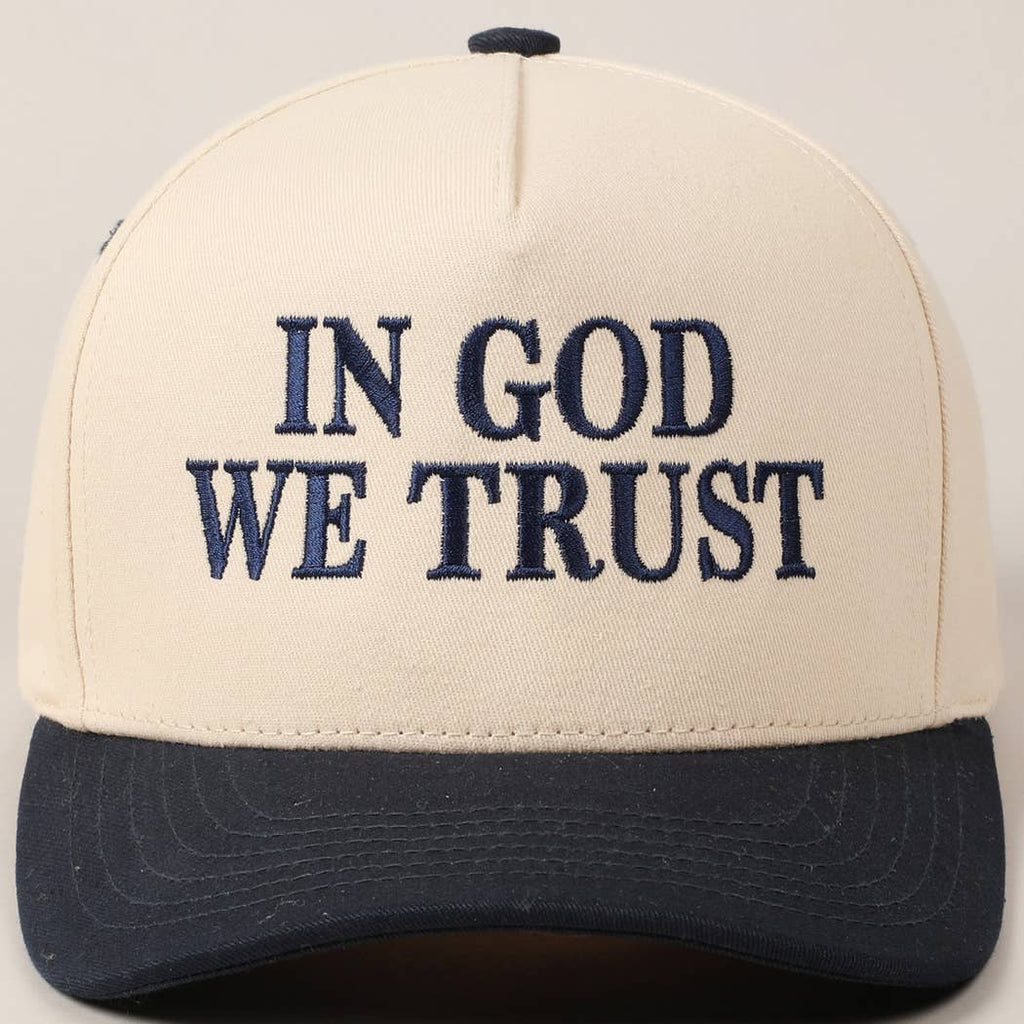 In God We Trust Embroidered Two-Tone Canvas Cap: Beige / ONE SIZE