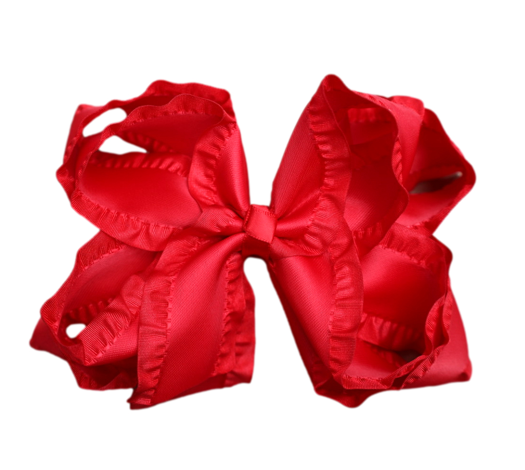 Red Double Ruffle Hair Bow : Nylon Headband / 4 inch