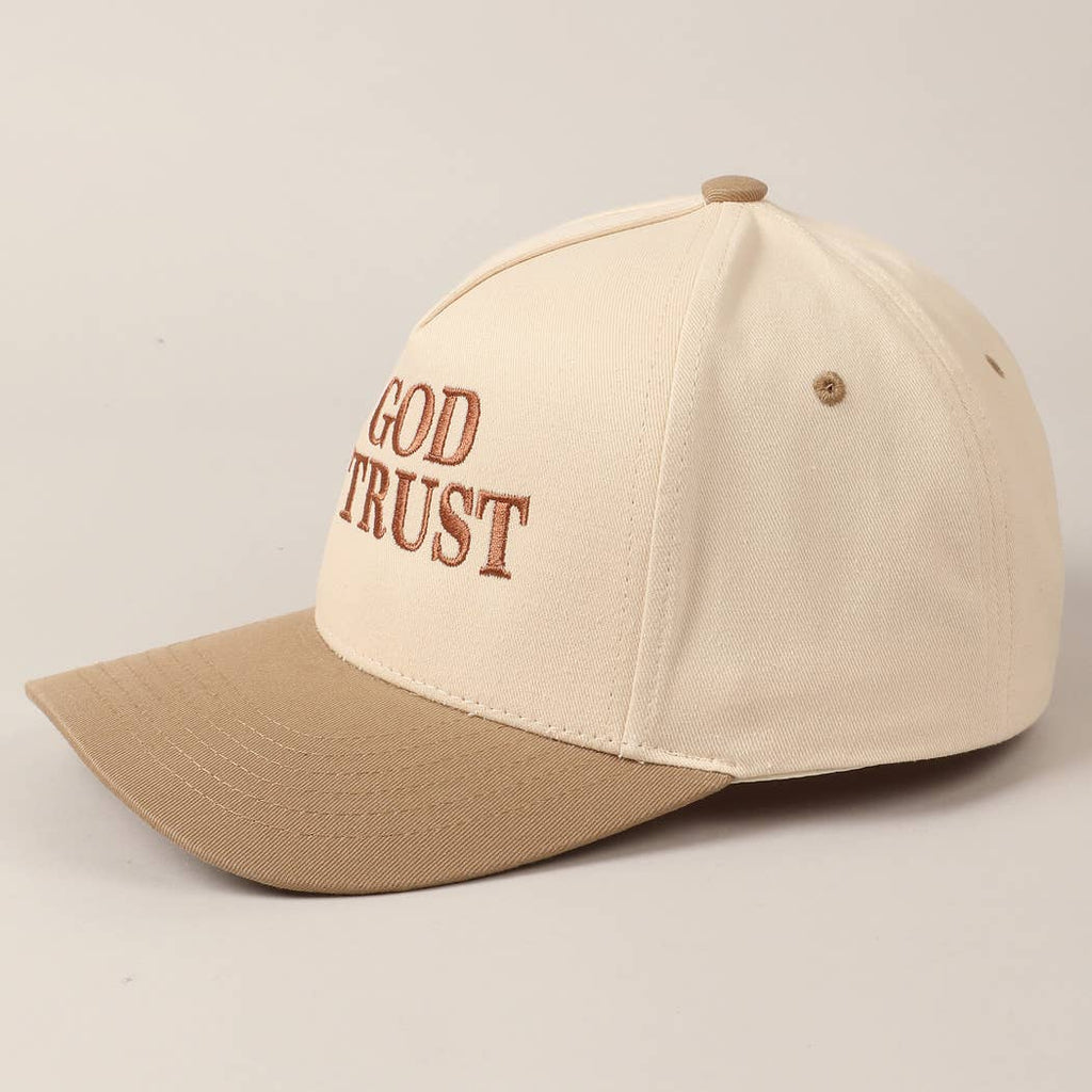 In God We Trust Embroidered Two-Tone Canvas Cap: Beige / ONE SIZE