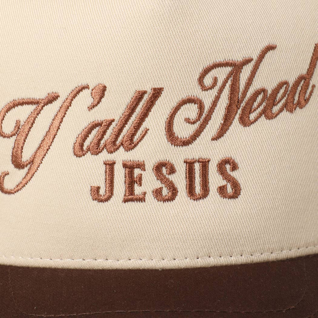 Y'all Need Jesus Lettering Embroidered Trucker Hat: Brown / ONE SIZE