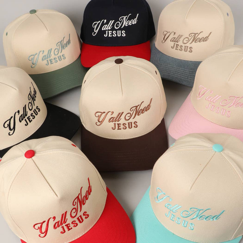 Y'all Need Jesus Lettering Embroidered Trucker Hat: Brown / ONE SIZE