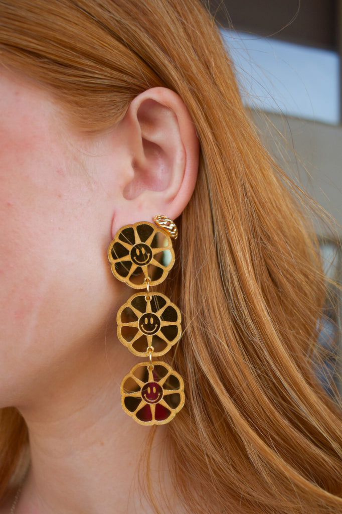 Julie Golden Smiley Flower Earrings- Gold